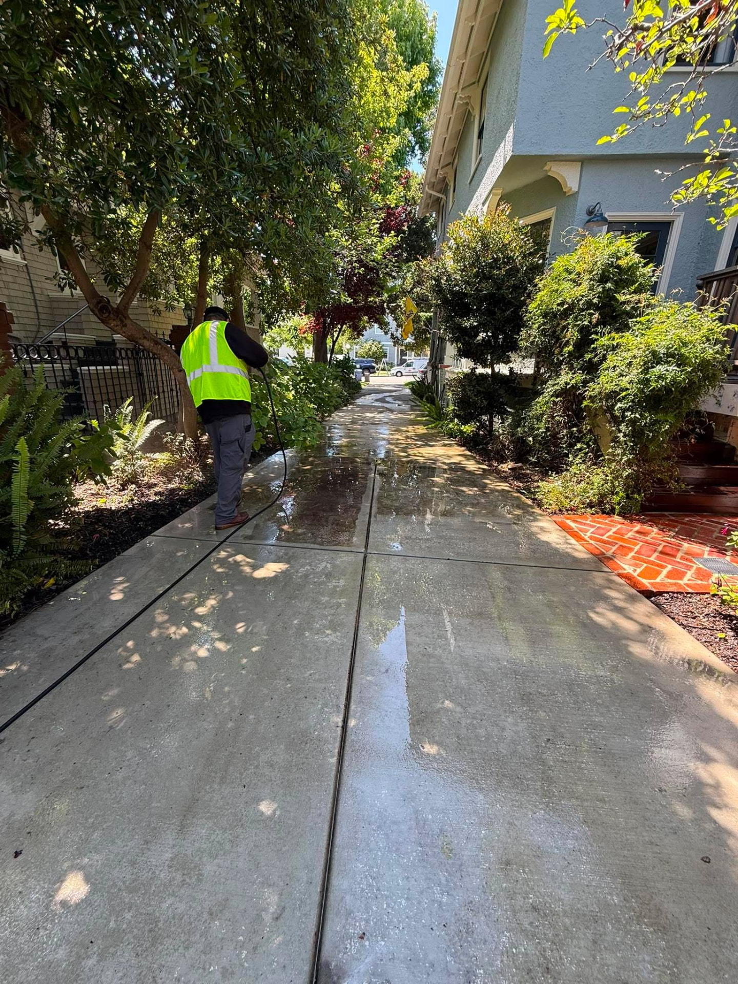 Pressure washed walkway between townhomes
